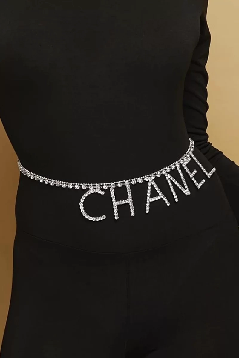 Kadın Gümüş Kaplama Chanl Harfli Metal 95 Cm Slogan Cam Taşlı Bayan Kemer