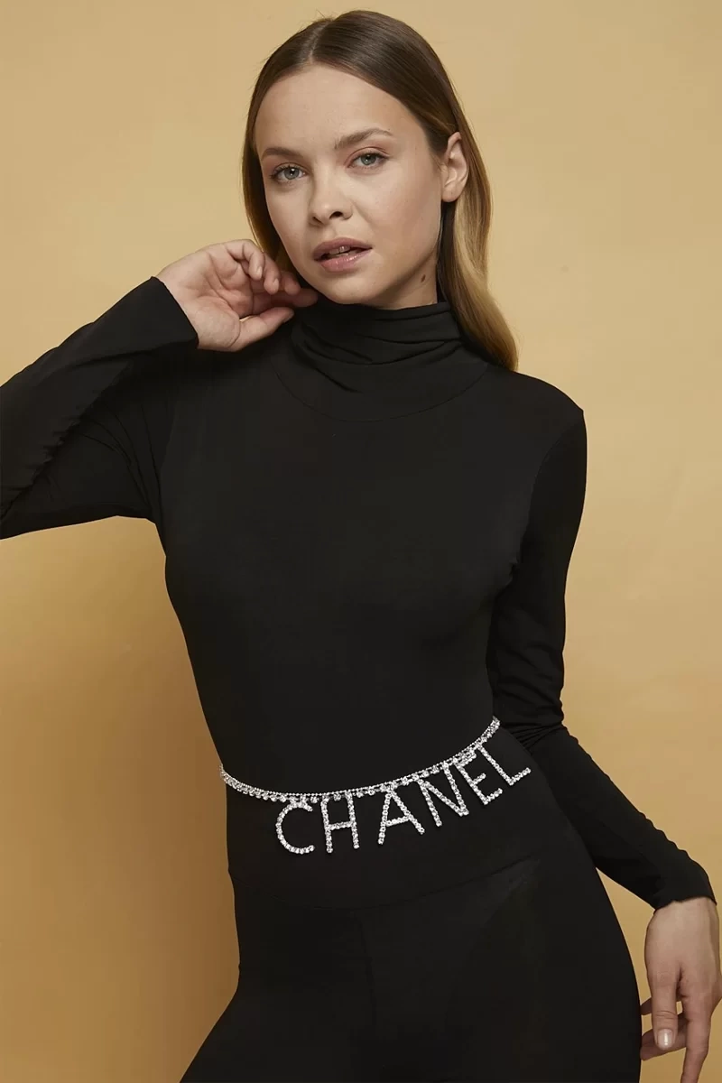 Kadın Gümüş Kaplama Chanl Harfli Metal 95 Cm Slogan Cam Taşlı Bayan Kemer