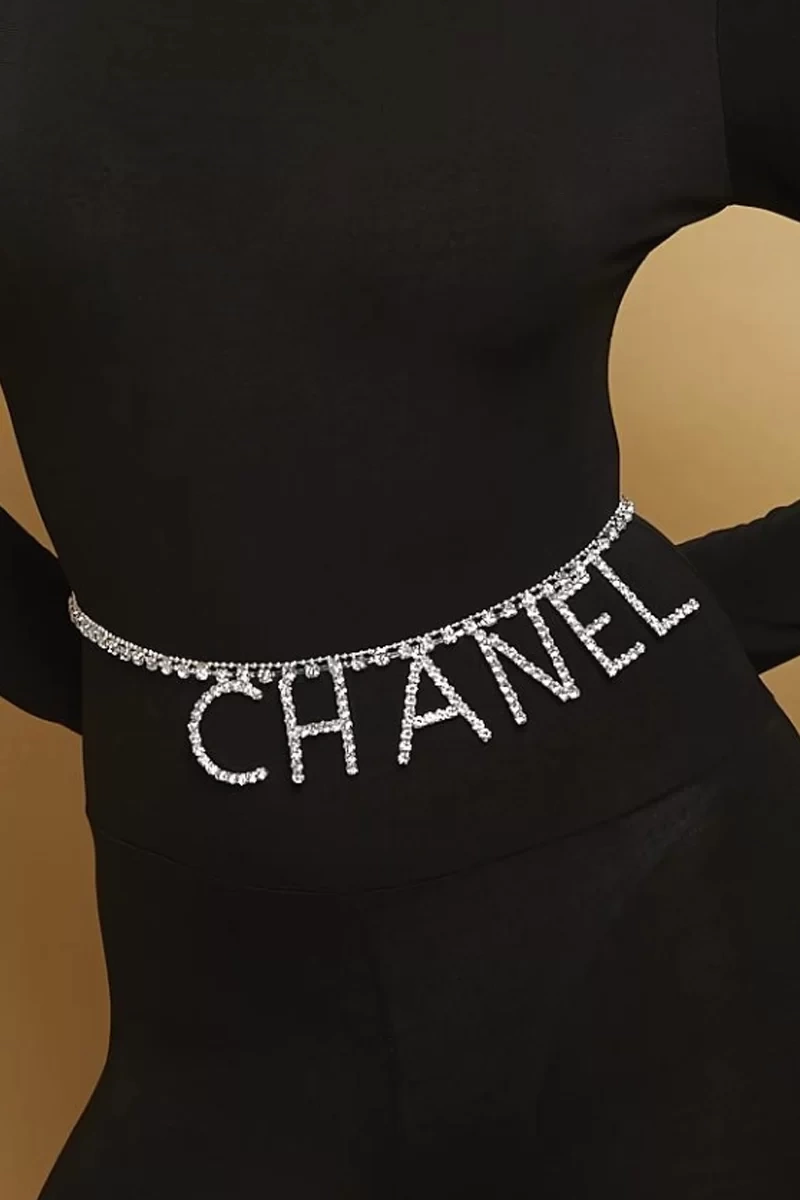 Kadın Gümüş Kaplama Chanl Harfli Metal 95 Cm Slogan Cam Taşlı Bayan Kemer