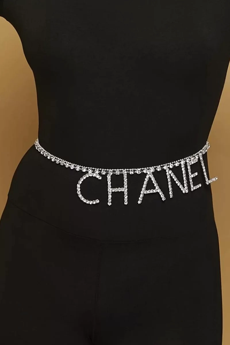 Kadın Gümüş Kaplama Chanl Harfli Metal 95 Cm Slogan Cam Taşlı Bayan Kemer