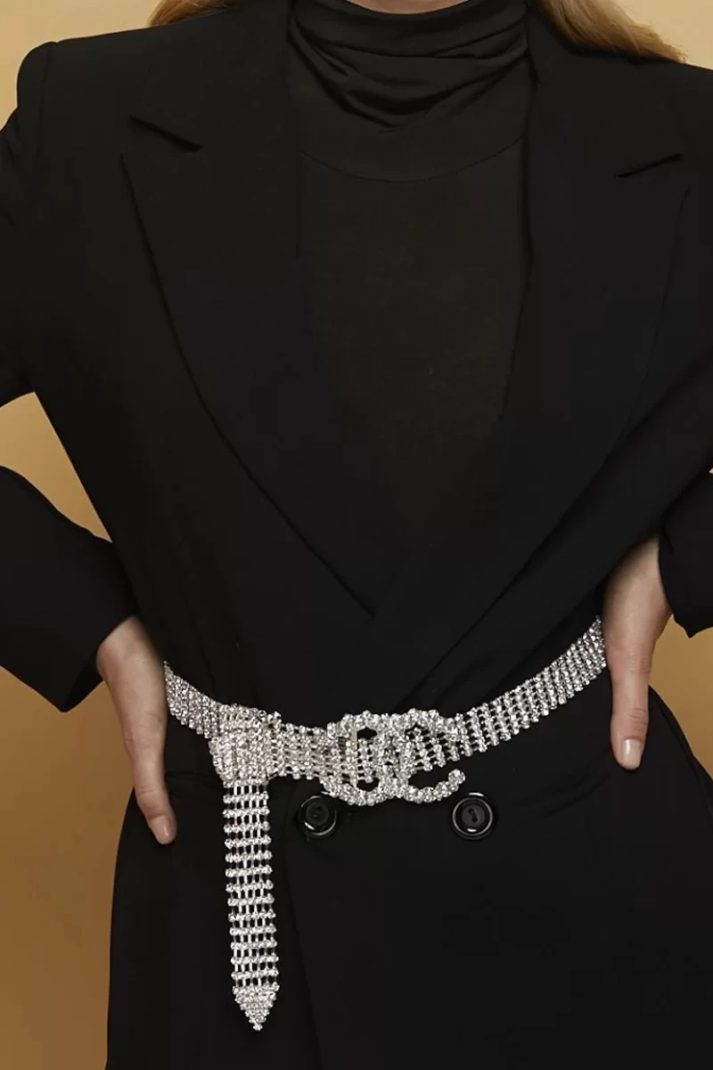 Kadın Gümüş Chanl Model Marka Kemer Kristal Işıltı Kaplamalı Kararmaz Zarif Elbise Kemeri