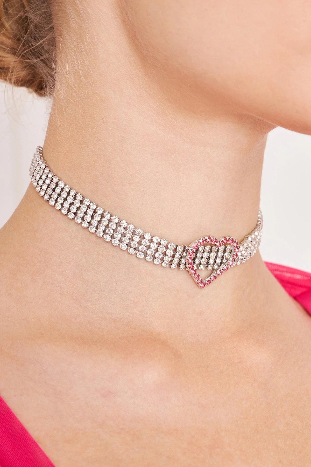 Kadın 4 Sıra Ortası Pembe Kalp Model Zirkon Taşlı Gümüş Kaplama Gerdanlık Kombin Tasma Choker Kolye Kolye