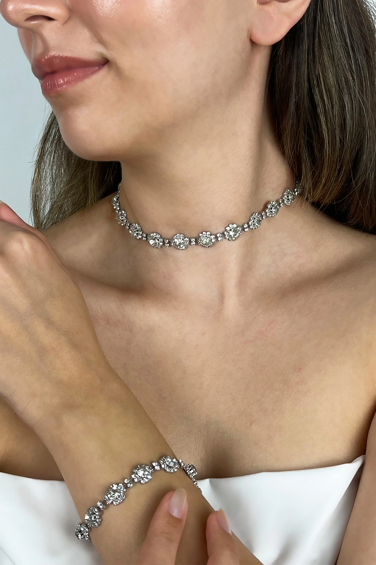 Kadın Armonia Model Kristal Zirkon Taşlı Gümüş Kaplama Kolye + Bileklik Elbise Kombin Takı Seti