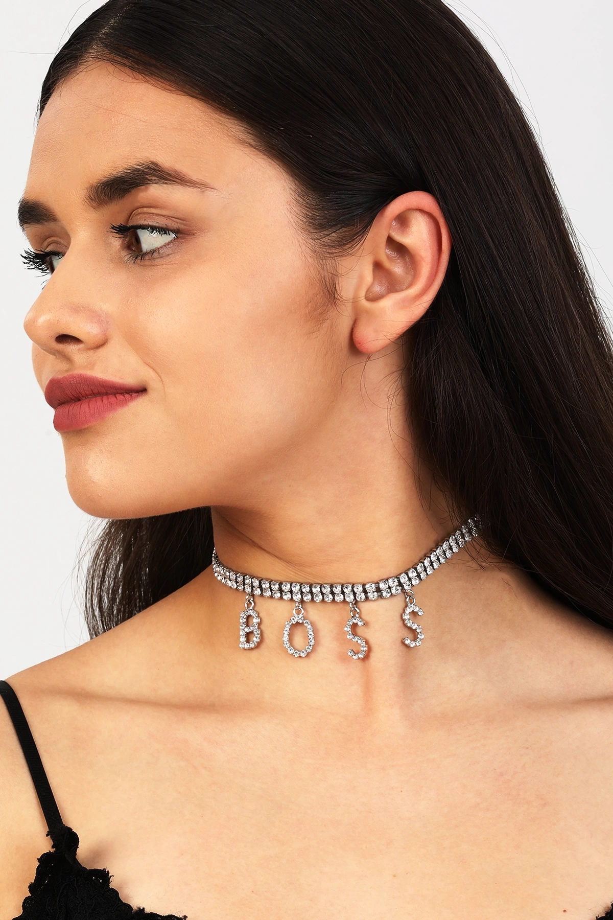 Kadın Boss Model Zirkon Taşlı Gümüş Pırlanta Abiye Düğün Nişan Gelin Söz Kına Tasma Gerdanlık Choker