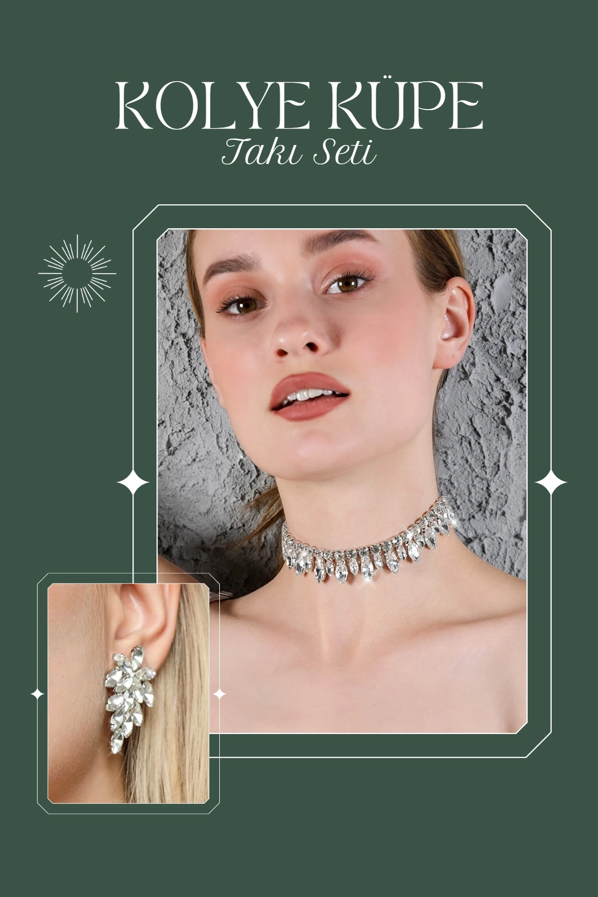 Kadın Braga Model Taşlı Gümüş Pırlanta Takı Seti Su Yolu Kolye Küpe Abiye Düğün Nişan Kına Söz Seti