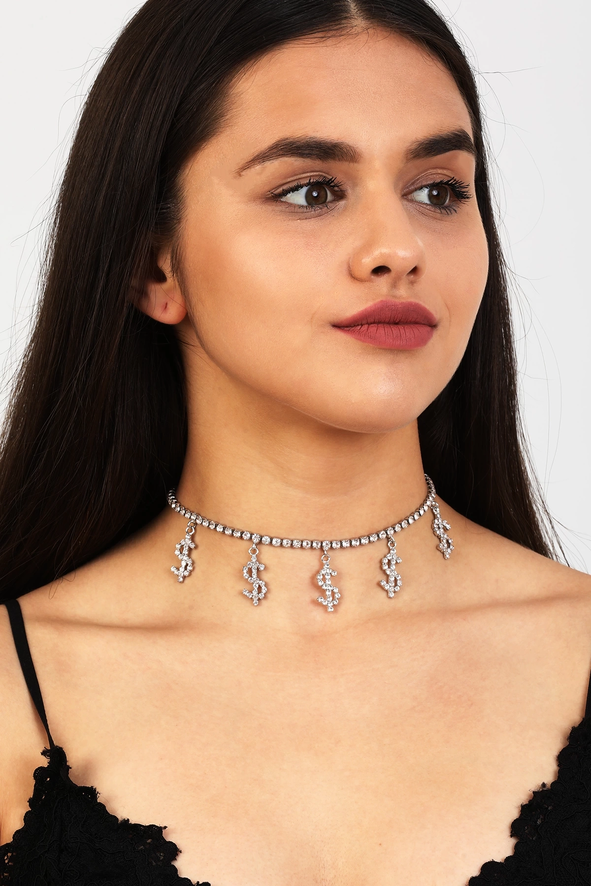 Kadın Dolar Model Zirkon Taşlı Gümüş Pırlanta Düğün Gelin Nişan Takısı Tasma Gerdanlık Kolye Choker