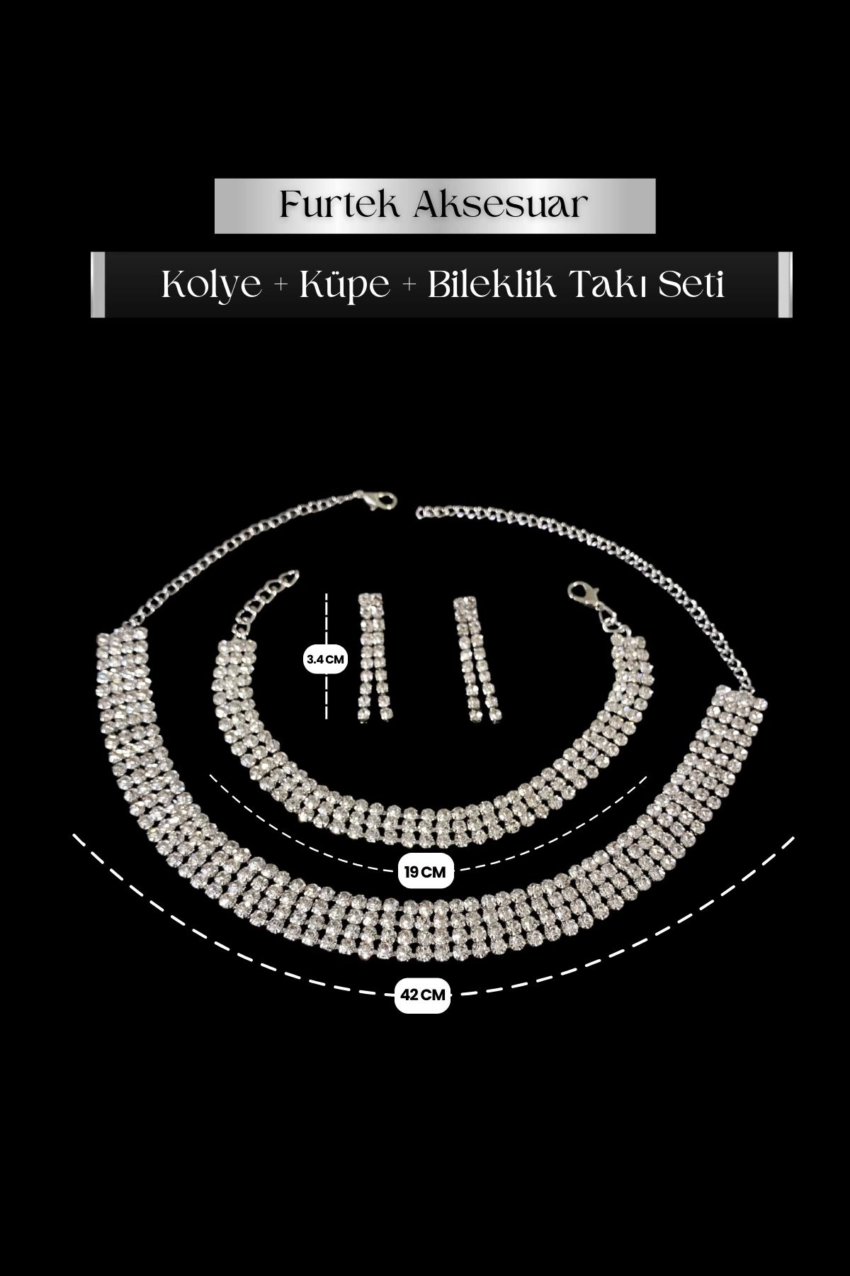 Kadın Fenix Model Kristal Zirkon Taşlı Gümüş Kaplama Kolye + Küpe + Bileklik Abiye Kombin Takı Seti