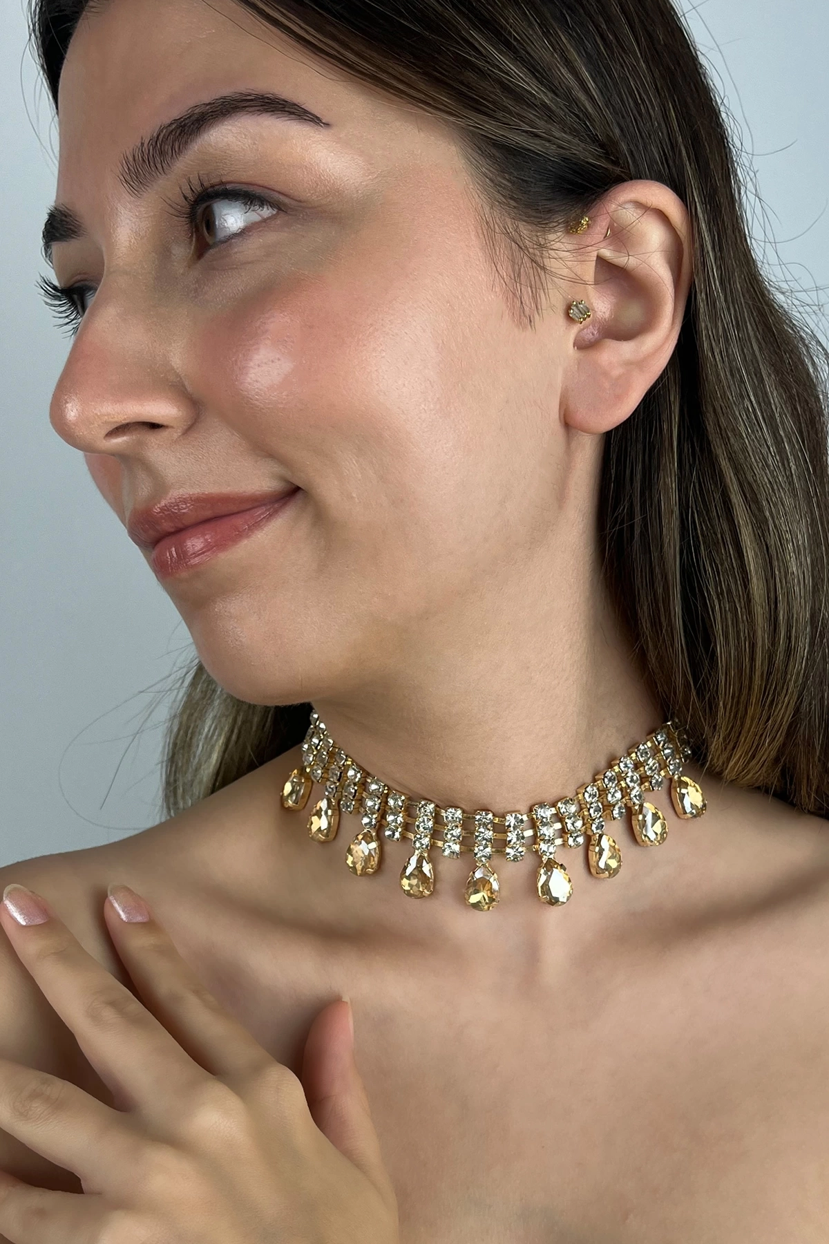 Kadın Fragranza Model Kristal Zirkon Taşlı Gold Kaplama Pırlanta Gerdanlık Tasma Choker Günlük Kolye