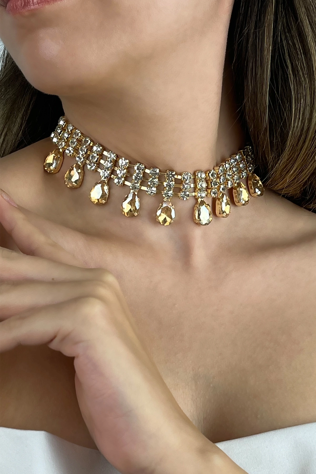 Kadın Fragranza Model Kristal Zirkon Taşlı Gold Kaplama Pırlanta Gerdanlık Tasma Choker Günlük Kolye