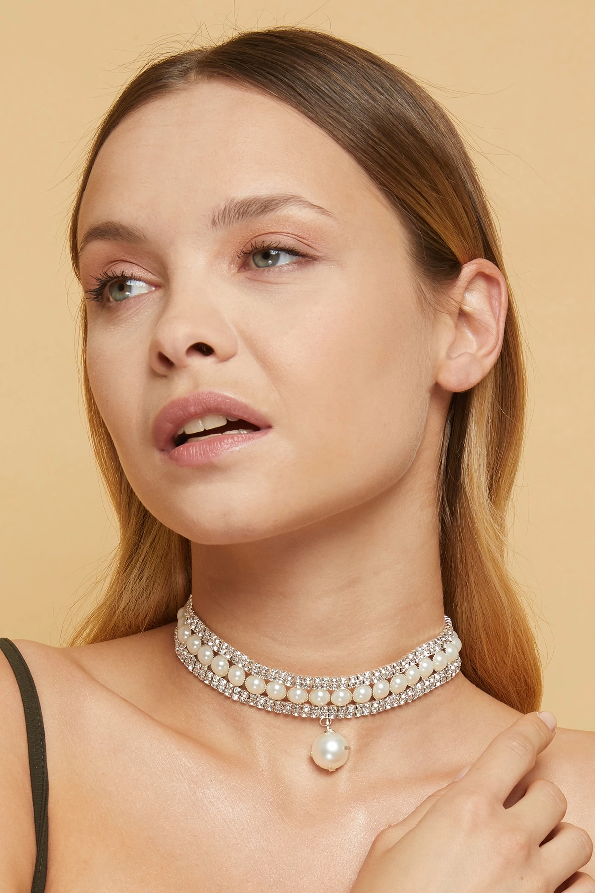 Kadın İnci Model Zirkon Taşlı Pırlanta Gümüş Kolye Gerdanlık Abiye Düğün Nişan Gelin Tasma Choker