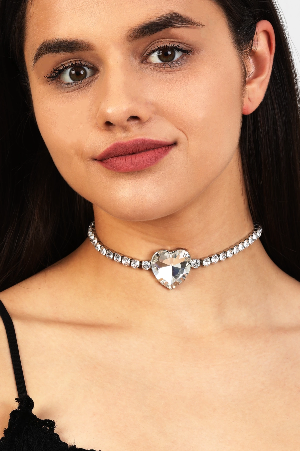 Kadın Kalp Model Zirkon Taşlı Gümüş Pırlanta Düğün Nişan Gelin Abiye Tasma Gerdanlık Kolye Choker