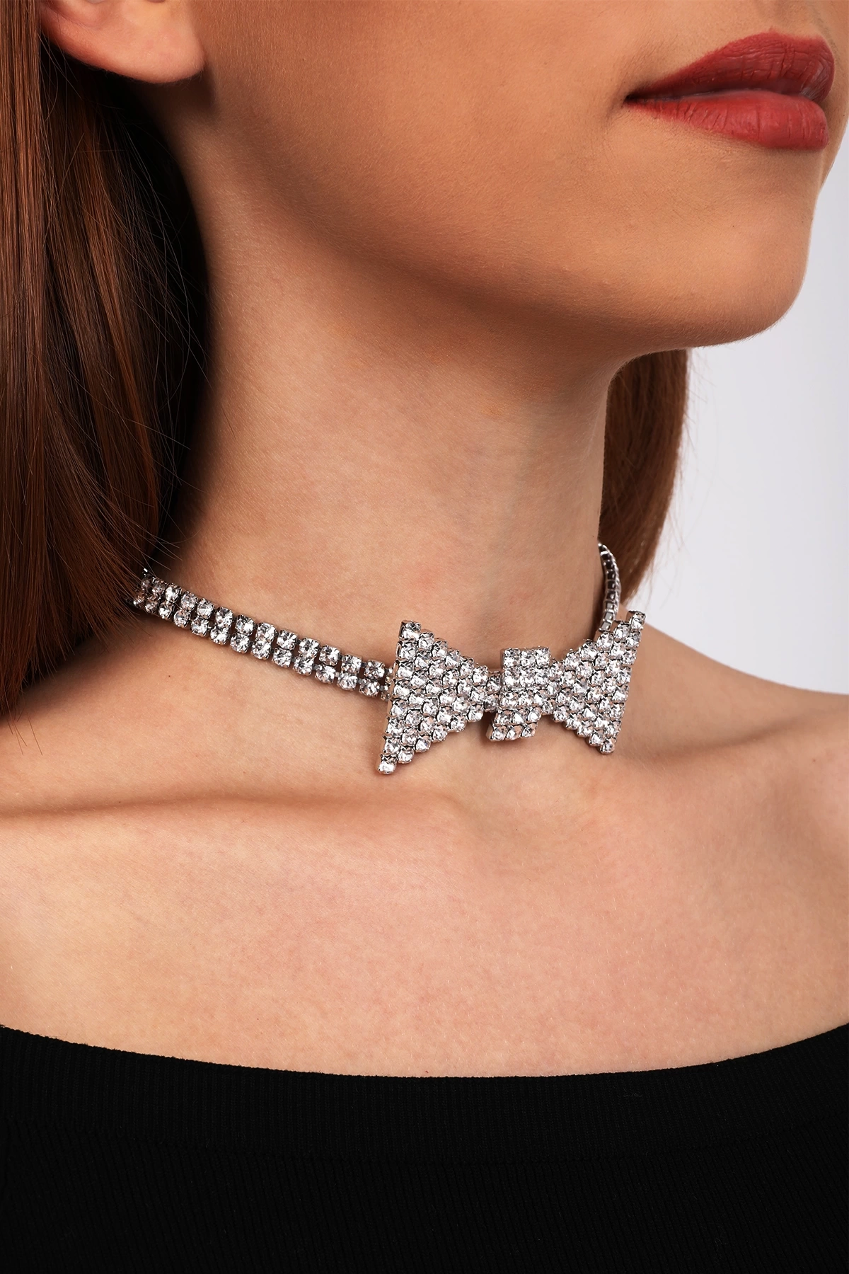 Kadın Papyon Model Zirkon Taşlı Gümüş Pırlanta Abiye Gerdanlık Tasma Kolye Nişan Düğün Söz Choker