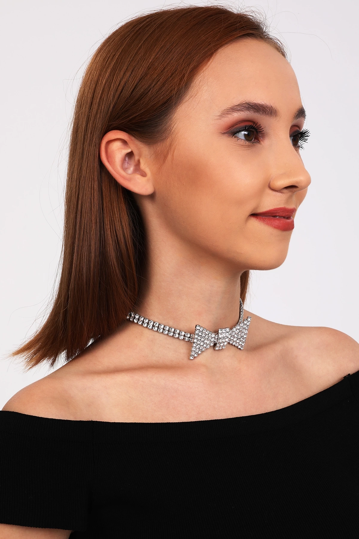 Kadın Papyon Model Zirkon Taşlı Gümüş Pırlanta Abiye Gerdanlık Tasma Kolye Nişan Düğün Söz Choker