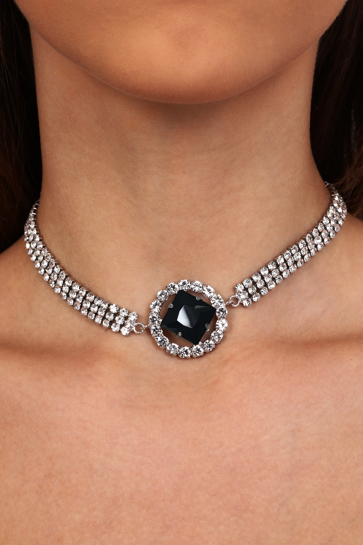 Kadın Siyah Oval Model Zirkon Taşlı Gümüş Pırlanta Abiye Gerdanlık Düğün Nişan Kolye Tasma Choker