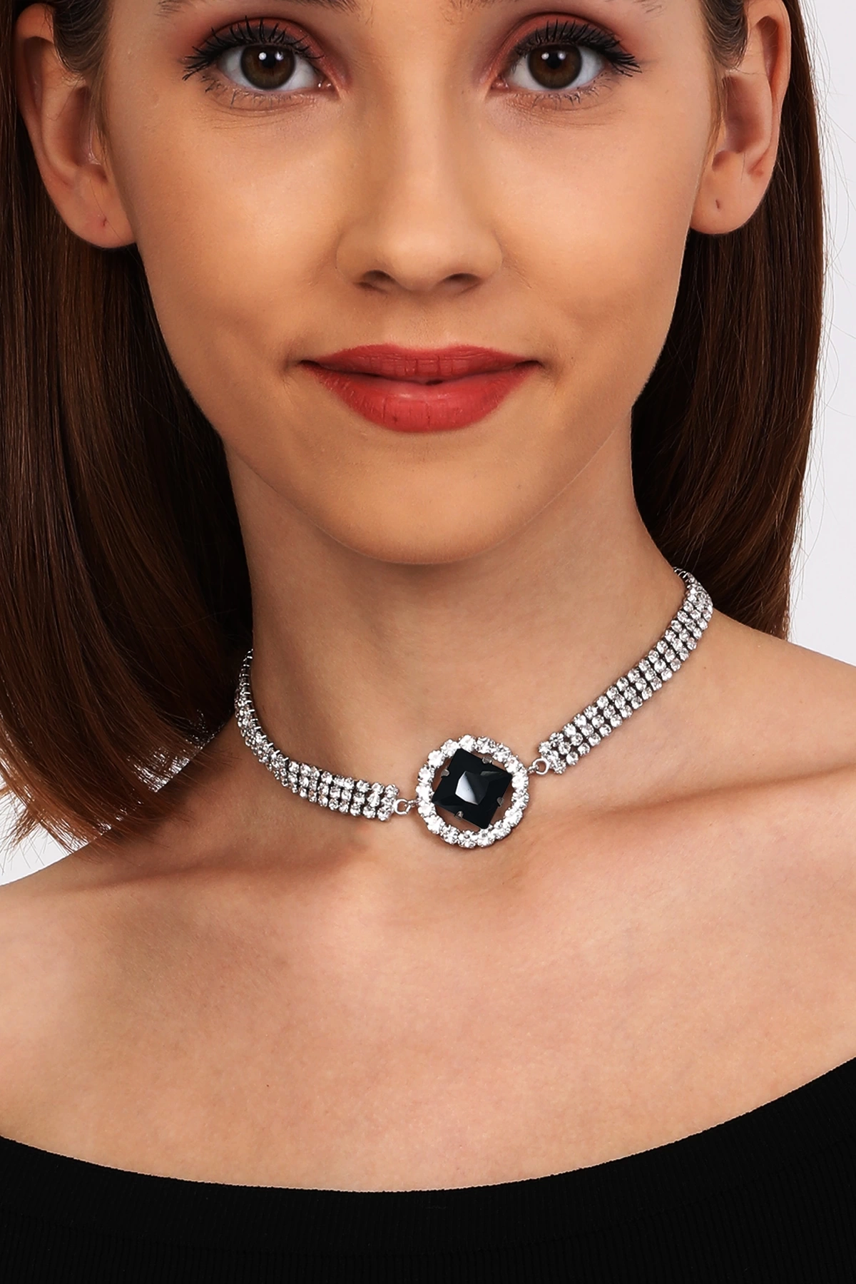 Kadın Siyah Oval Model Zirkon Taşlı Gümüş Pırlanta Abiye Gerdanlık Düğün Nişan Kolye Tasma Choker