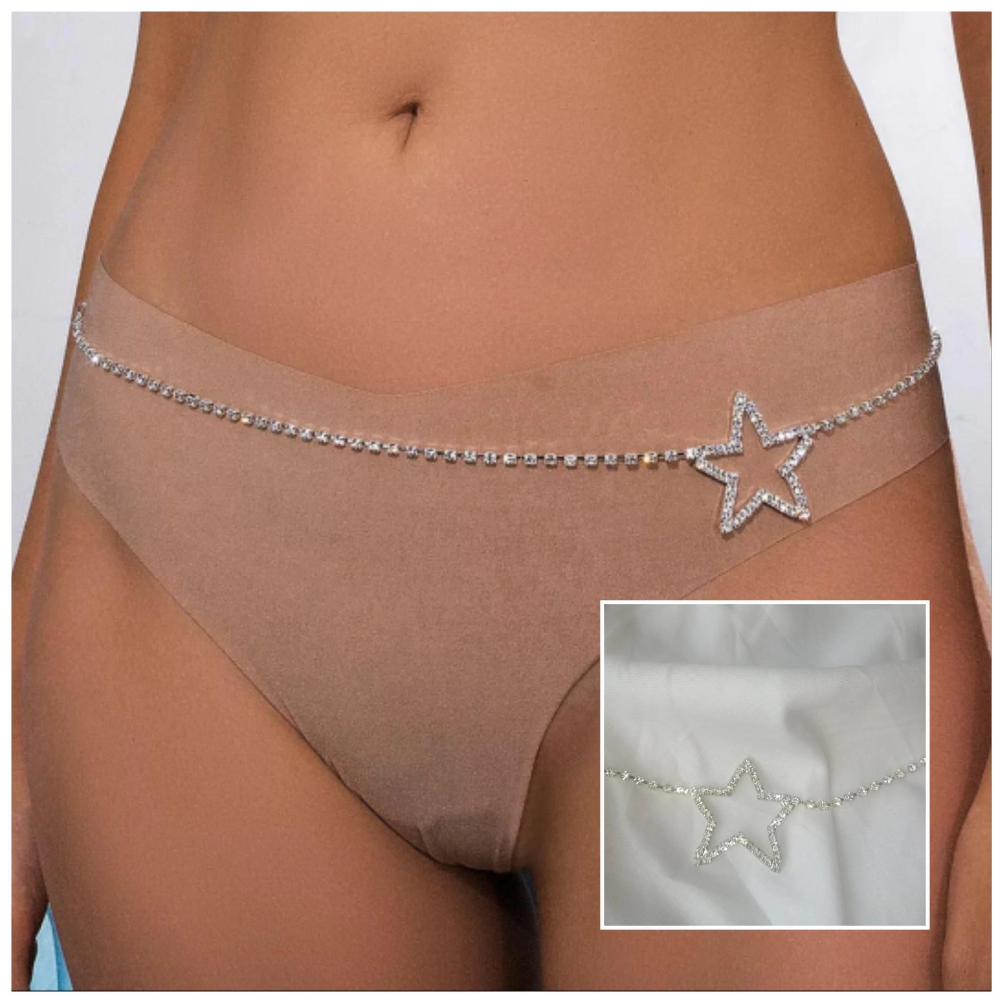 Kadın Gümüş Yıldız Vücut Zincir Modeli Kristal Taşlı Vücut Aksesuarı Göbek Zincir Takısı