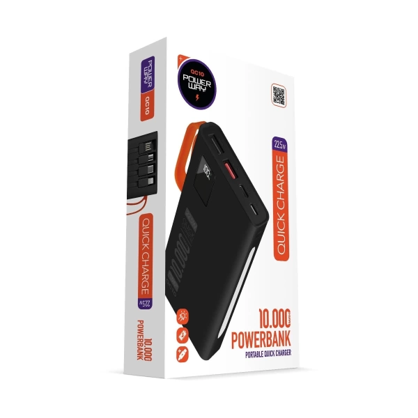 Powerway QC10 Siyah 10.000 mAh PD 22.5W Dahili Kablolu Hızlı Şarj Led Işıklı Powerbank
