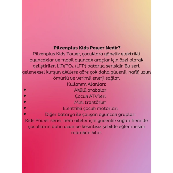 Pilzenplus Kids Power 12V 12Ah LiFePO₄ Batarya