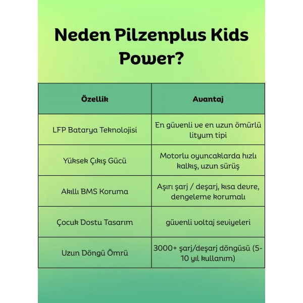 Pilzenplus Kids Power 6V 12Ah LiFePO₄ Batarya