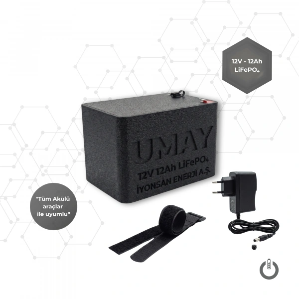 İYONSAN IYN-UMY-1212-SET 12V 12Ah LiFePO4 UMAY Akülü Araba Bataryası ve Şarj Cihazı Seti
