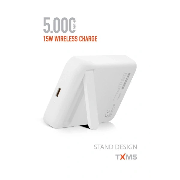 Powerway 5.000 mAh PD 15W Magsafe Kablosuz Wireless Taşınabilir Şarj Cihazı Beyaz Powerbank TXM5