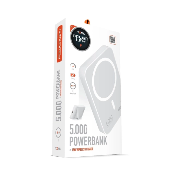 Powerway 5.000 mAh PD 15W Magsafe Kablosuz Wireless Taşınabilir Şarj Cihazı Beyaz Powerbank TXM5