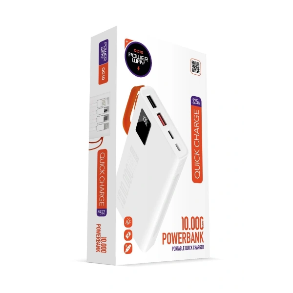 Powerway QC10 Beyaz 10.000 mAh PD 22.5W Dahili Kablolu Hızlı Şarj Led Işıklı Powerbank