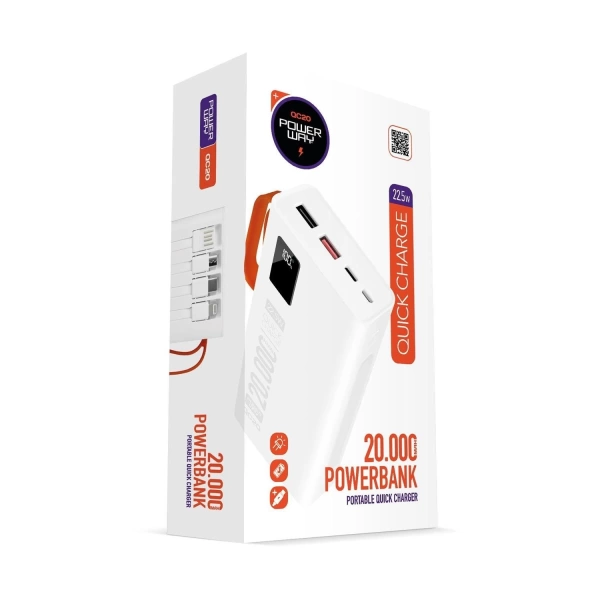 Powerway QC20 Beyaz 20.000 mAh PD 22.5W Dahili Kablolu Hızlı Şarj Led Işıklı Powerbank