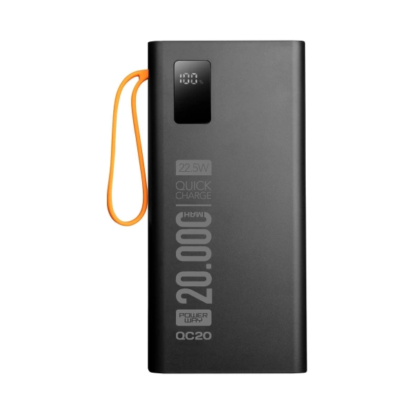 Powerway QC20 Siyah 20.000 mAh PD 22.5W Dahili Kablolu Hızlı Şarj Led Işıklı Powerbank