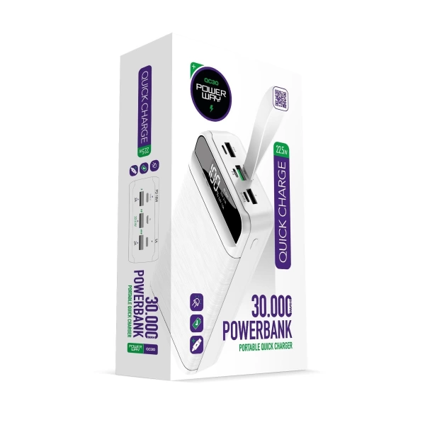 Powerway QC30 Beyaz 30.000 mAh PD 22.5W Hızlı Şarj Led Işıklı Powerbank