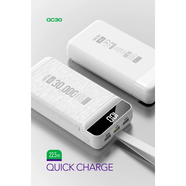 Powerway QC30 Beyaz 30.000 mAh PD 22.5W Hızlı Şarj Led Işıklı Powerbank