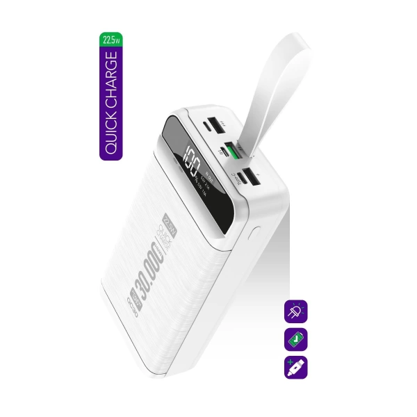 Powerway QC30 Beyaz 30.000 mAh PD 22.5W Hızlı Şarj Led Işıklı Powerbank