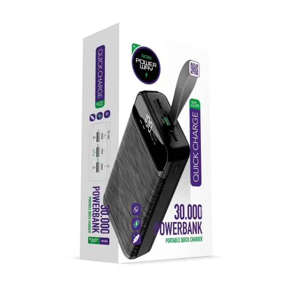 Powerway QC30 Siyah 30.000 mAh PD 22.5W Hızlı Şarj Led Işıklı Powerbank