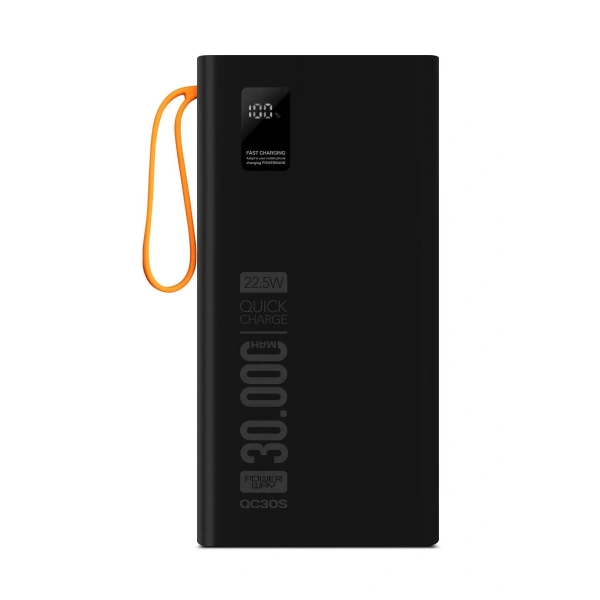 Powerway QC30S Siyah 30.000 mAh PD 22.5W Dahili Kablolu Hızlı Şarj Led Işıklı Powerbank