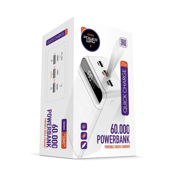 Powerway QC60 Beyaz 60.000 mAh PD 22.5W Hızlı Şarj Led Işıklı Powerbank