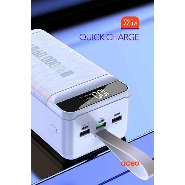 Powerway QC60 Beyaz 60.000 mAh PD 22.5W Hızlı Şarj Led Işıklı Powerbank