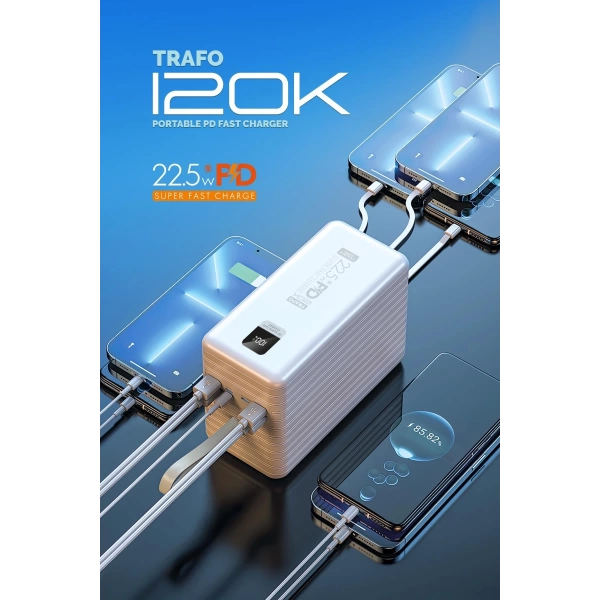 Powerway TRAFO120 Beyaz 120.000 mAh PD 22.5W Dahili Kablolu Hızlı Şarj Işıklı Powerbank