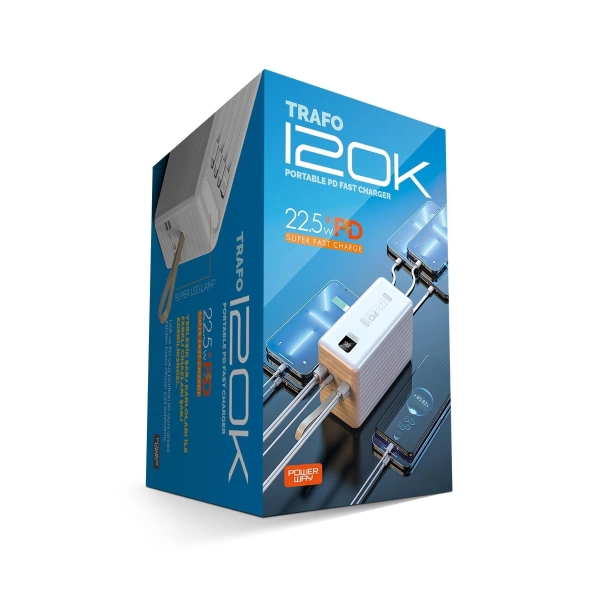 Powerway TRAFO120 Beyaz 120.000 mAh PD 22.5W Dahili Kablolu Hızlı Şarj Işıklı Powerbank