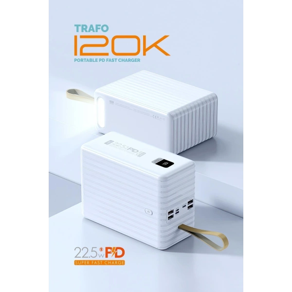 Powerway TRAFO120 Siyah 120.000 mAh PD 22.5W Dahili Kablolu Hızlı Şarj Işıklı Powerbank