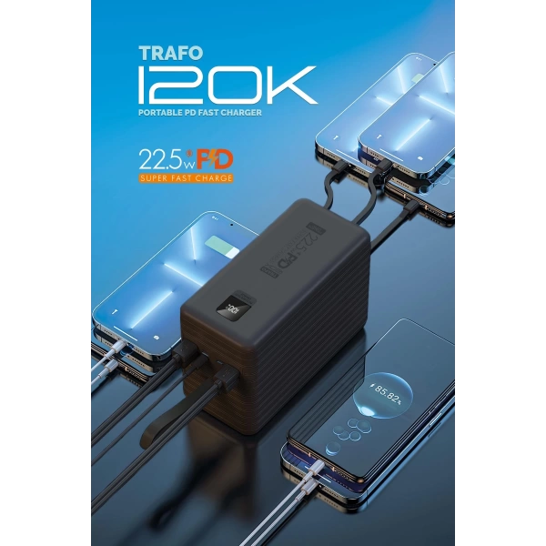Powerway TRAFO120 Siyah 120.000 mAh PD 22.5W Dahili Kablolu Hızlı Şarj Işıklı Powerbank