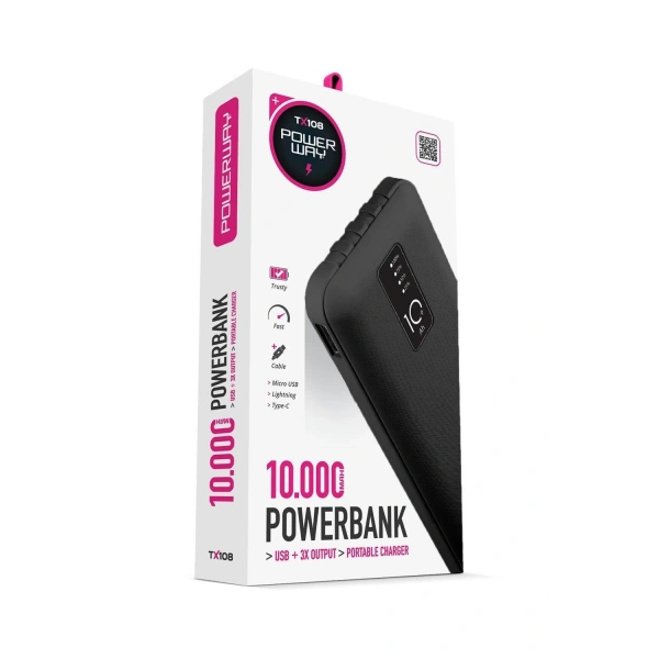 Powerway TX108 Siyah 10.000 mAh Dijital Göstergeli Ekstra Kablolu 4 Çıkışlı Powerbank