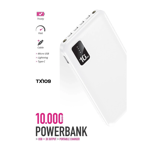 Powerway TX109 Beyaz 10.000 mAh Dijital Göstergeli Ekstra Kablolu Dahili Stand Powerbank