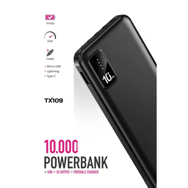 Powerway TX109 Siyah 10.000 mAh Dijital Göstergeli Ekstra Kablolu Dahili Stand Powerbank