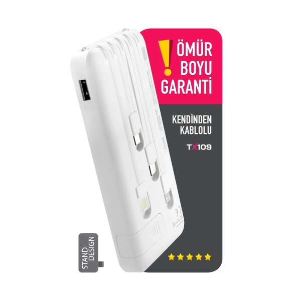 Powerway TX109 Beyaz 10.000 mAh Dijital Göstergeli Ekstra Kablolu Dahili Stand Powerbank