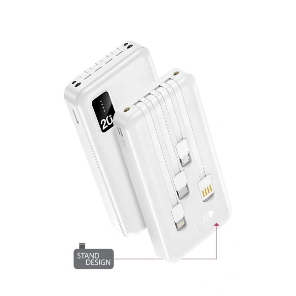 Powerway TX209 Beyaz 20.000 mAh Dijital Göstergeli Ekstra Kablolu Dahili Stand Powerbank