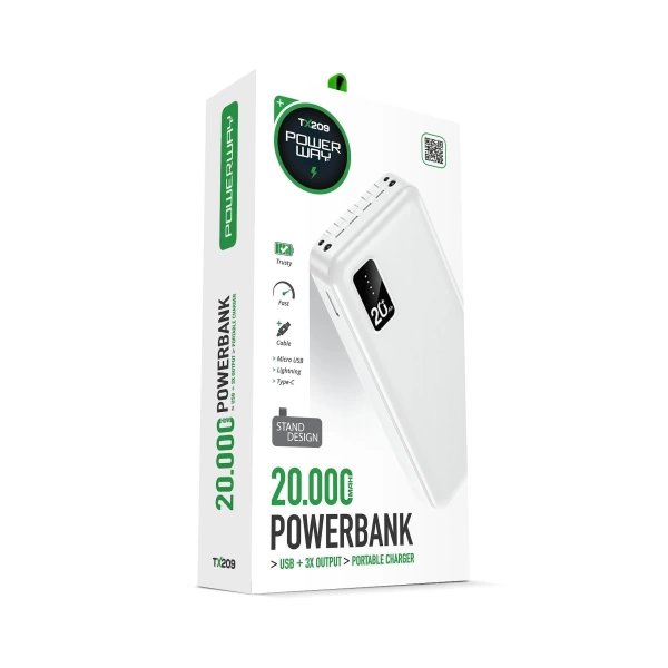 Powerway TX209 Beyaz 20.000 mAh Dijital Göstergeli Ekstra Kablolu Dahili Stand Powerbank