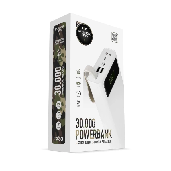 Powerway TX30 Beyaz 30.000 mAh Led Işıklı Dijital Göstergeli 30.000 mAh Powerbank