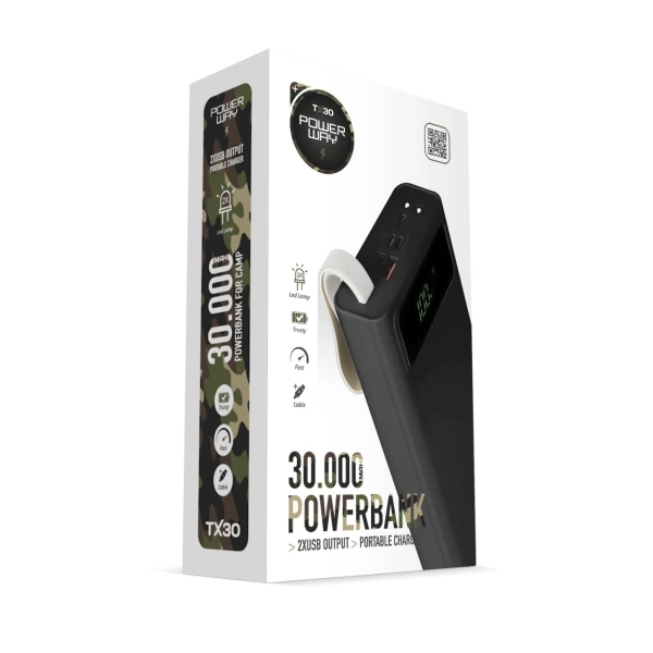 Powerway TX30 Siyah 30.000 mAh Led Işıklı Dijital Göstergeli 30.000 mAh Powerbank