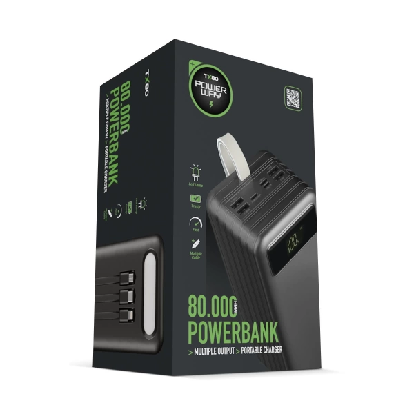 Powerway TX80 Siyah 80.000 mAh Çoklu Çıkış Dijital Göstergeli Ekstra Kablolu Powerbank