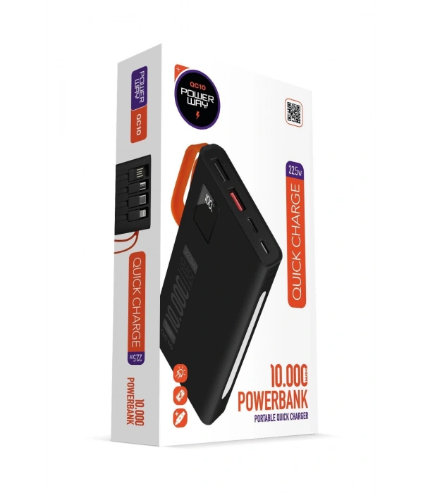 Powerway QC10 Siyah 10.000 mAh PD 22.5W Dahili Kablolu Hızlı Şarj Led Işıklı Powerbank